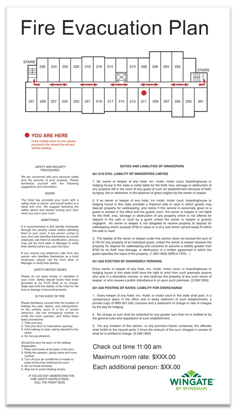 In Room Evacuation Plans w/Room Rates